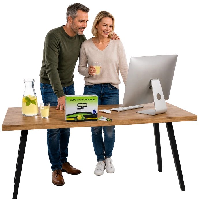 Gestresstes Paar vor dem Laptop nutzt Super Performance als hypotonisches Vitalgetränk für mehr Fokus im Alltag